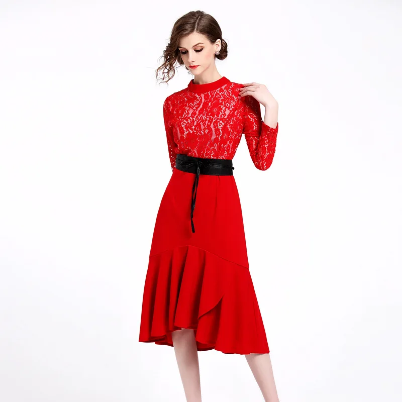 

Elegant Red Lace Patchwork Tunic Trumpet Dress Women Vintage Sweet Sexy Office Party Fashion Beach Dress 2019 Spring Clothing