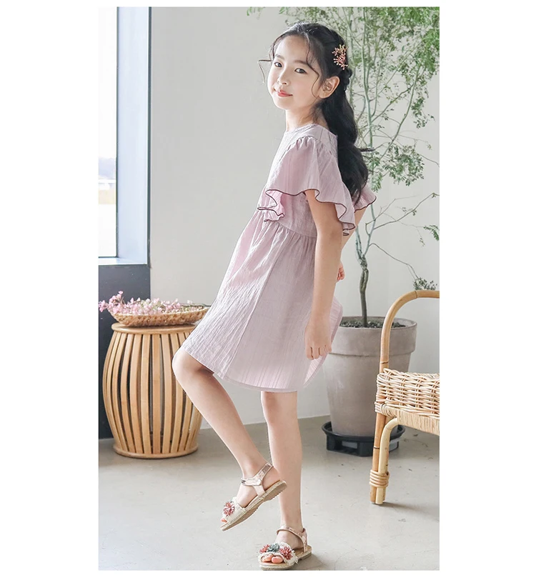 Китайский стиль шифоновое платье Возраст 6-14 лет для девочек-подростков с коротким рукавом и оборками платье новые летние простые детские свободные платья