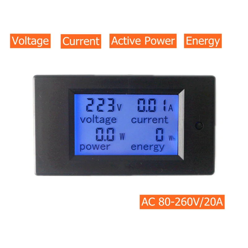 Измеритель напряжения, тока, энергии переменного тока 80-260 В/20 А Вольтметр Амперметр с синей подсветкой, функция сигнализации перегрузки для помещений