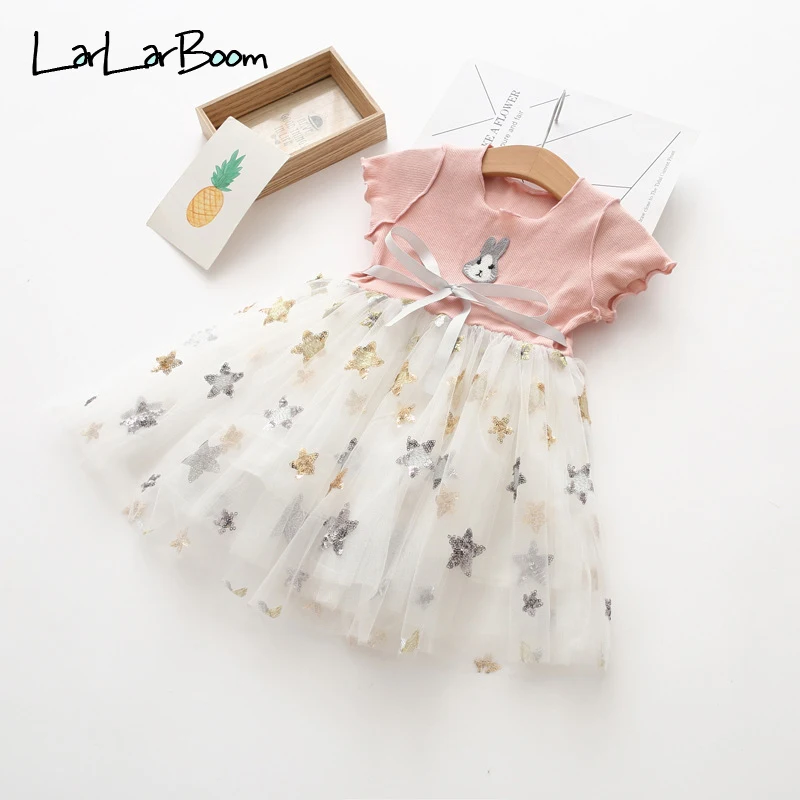 

LarLarBoom Girls Dress 2019 Summer Short Sleeve Kids Dresses for Girls Cute Rabbit Embroidery Mesh Patchwork Children's Dress