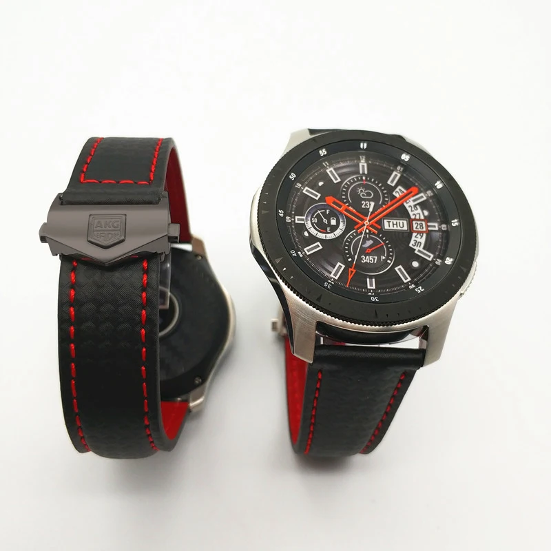 Akgleader 20/22 мм ремешок для часов для Galaxy Watch 46mm углеродная волокна Стиль кожаный ремешок для наручных часов для samsung Шестерни S3 huawei GT плечевой ремень - Цвет ремешка: Black Buckle