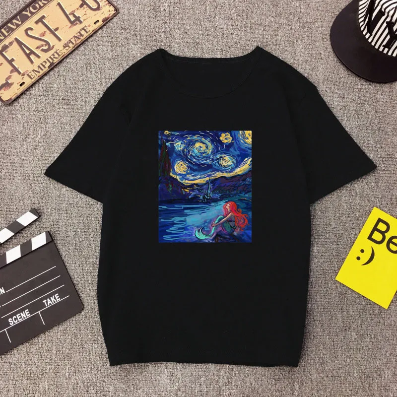 

Van Gogh Mermaid Women Short Sleeve Graphic Tees Vintage T-shirts Vincent Starry City Night Aesthetic Black Harajuku Hipster Top