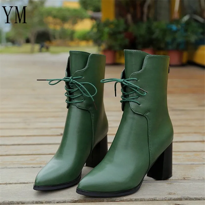 

2018 Green PU High Heel Women Boots Fashion High-heeled Pointed Toe Solid Platform Ankle Boots Lace Up Autumn Women Shoes 35-39