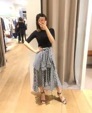 2019 Spring Splicing Color Lotus Leaf Edge Tie with Short-sleeved Plaid Body Dress O-Neck Zippers Plaid Black Women Dress fashionable women s pumps with black color and splicing design