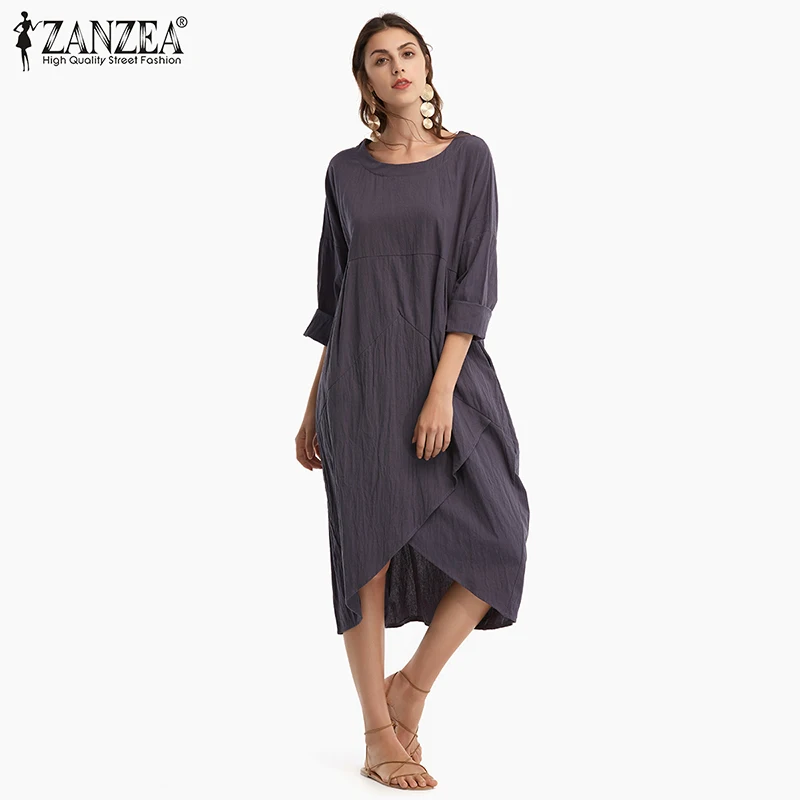 

ZANZEA 2019 Fashion Women Spring Cotton Linen Dress Loose Crew Neck Long Sleeve Retro Solid Ladies Irregular Long Dress S-5XL