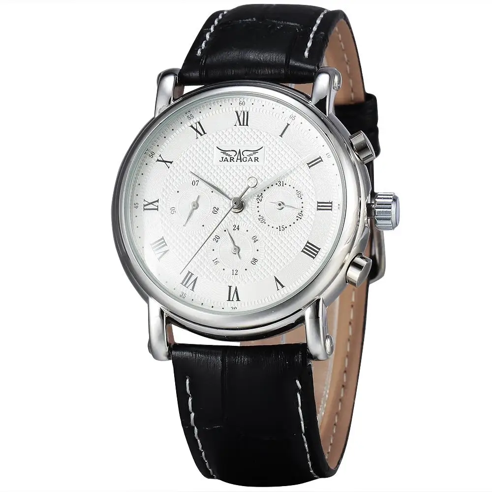 

JARAGAR Automatic Mechanical Men Dress Watches 24 Hour Week Date Solid Dial Leather Band Simple Wristwatch