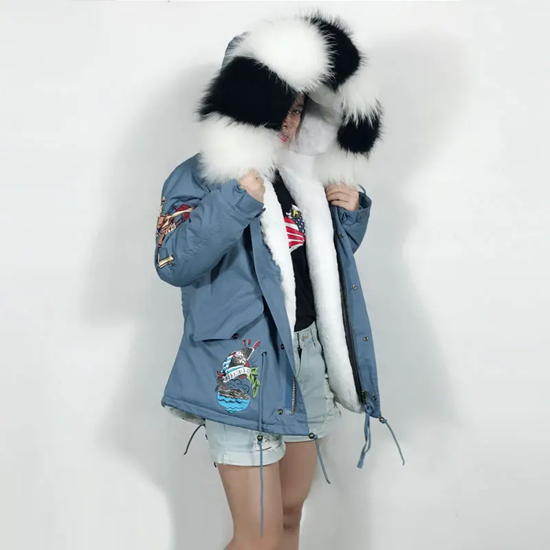 2018 Winter Liahgt blue Fur Jacket White black raccoon collar Women Printing Jacket Casual Parka