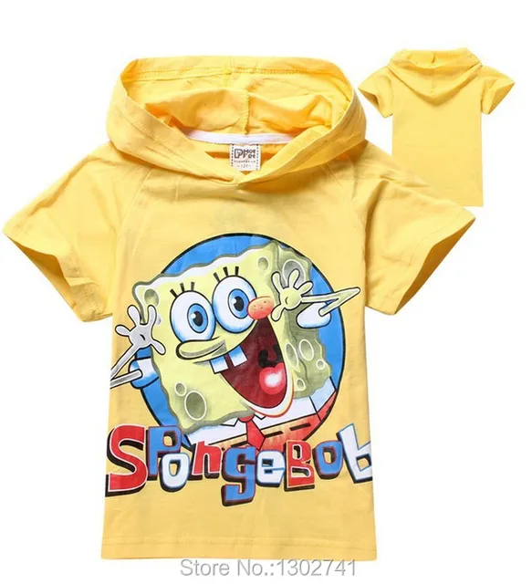 2014 New kids cartoon SpongeBob t shirt boys short sleve hooded t