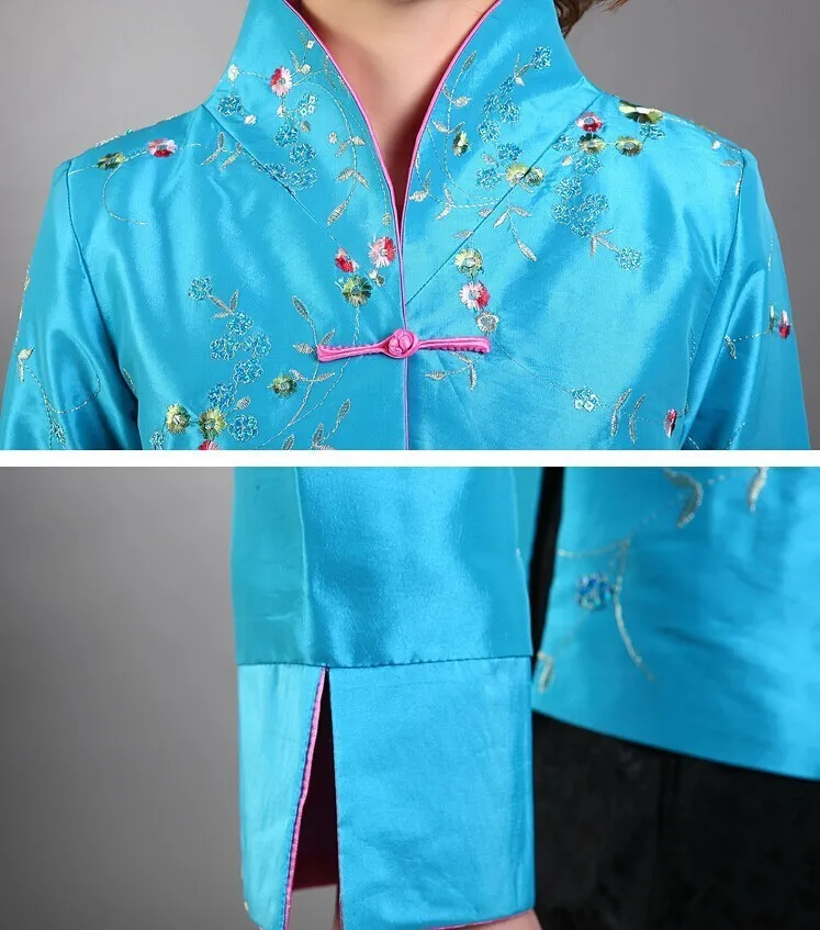 Новое поступление светильник синий китайский женский шелковый атлас куртка Вышивка пальто цветы Размеры S M L XL XXL XXXL