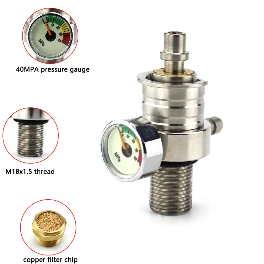 

PCP Airforce Condor High Pressure Valve Direct Injection Test Valve M18x1.5 8mm Fill Nipple 4500psi 40MPA Gauge Stainless Steel