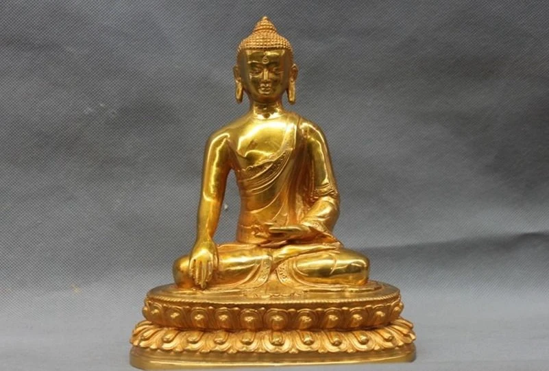 

8"Tibet Tibetan Buddhist Bronze Copper gilt Shakyamuni Sakyamuni Buddha Statue a 0518