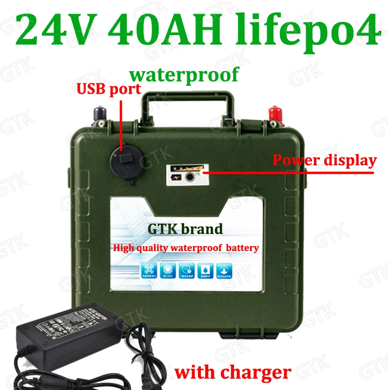 

GTK High capacity 24V 40Ah LiFePO4 battery 18650 cell 24 battery pack power bank BMS 25.6v 1200w motorFishing boat + 5A charger