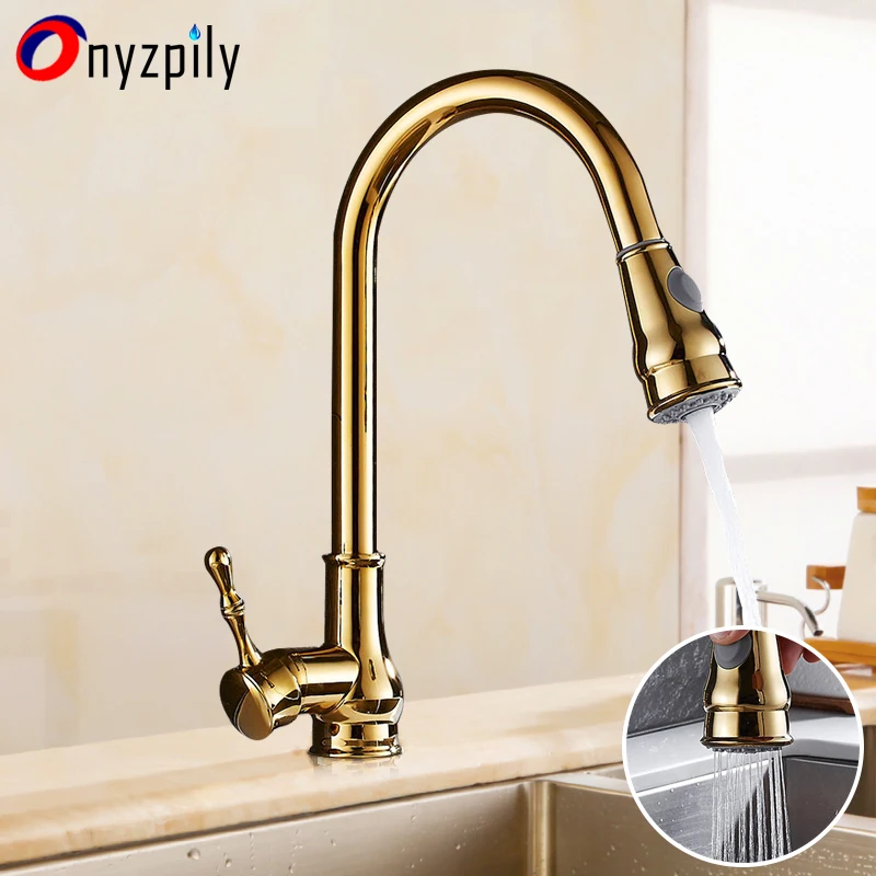 Modern Luxury Brass Gold Kitchen Faucet Rotatable Mixer Pull Out  Sink Tap Single Sharp Handle Single Hole Hot&Cold Water