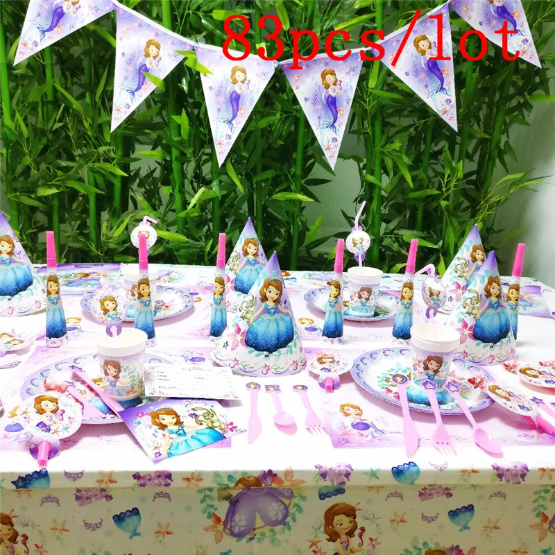 

83Pcs/lot Disney Sofia Theme Cup Plate Napkin Horn Banner Straw Girl Birthday Party Gift Bag Tablecloth Decoration Supply