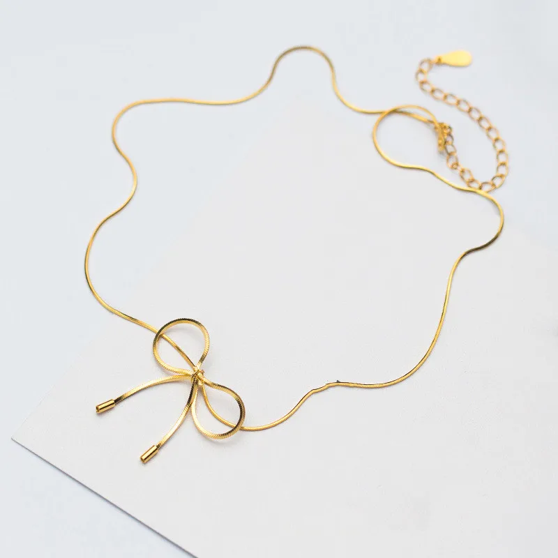 

Real 925 Sterling Silver Snake Chain Romantic Bowknot Choker Necklaces Elegant Fine Jewelry Gold Color For Women TR354