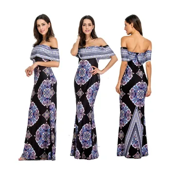 

Summer Beach Dress 2019 New Lady BOHO Bohemian Floral Dress Female Off Shoulder Slash Neck Ruffle Pencil Long Dresses For Women