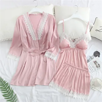 

Silky Satin Female Cami+Shorts+Robe 3PCS Sleepwear Floral Trim Summer Bathrobe Lounge Home Wear Sexy Pajama Pijama Suit M-XL