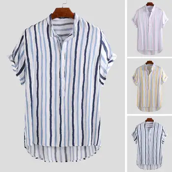 

2020 Striped Hawaiian Shirt Men Stand Collar Fashion Tops Loose Breathable Beach Short Sleeve Camisa Casual Shirt Men Masculina