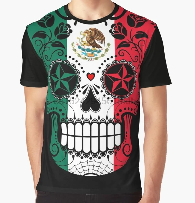 

All Over Print T-Shirt Men Funy tshirt Sugar Skull with Roses and Flag of Mexico Graphic Tops Tee women t shirt