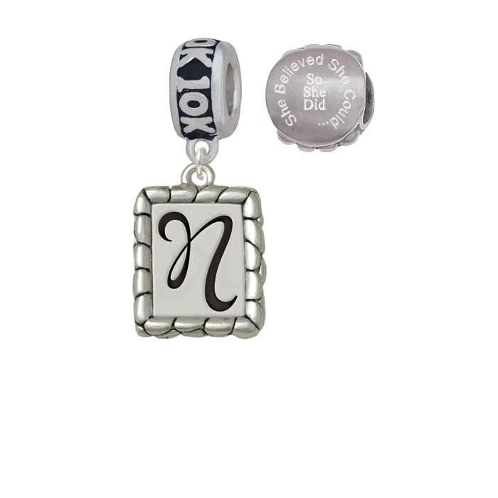 Silvertone Pebble Border Initial - N 10K Run She Believed She Could Charm Beads (Set of 2)
