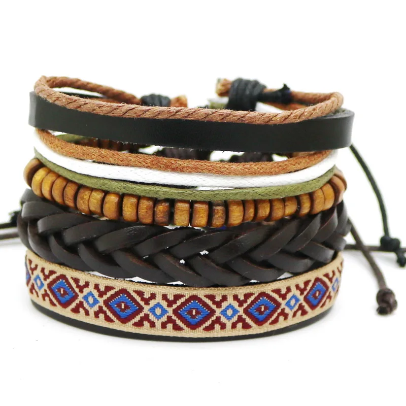 

New Fashion accessories Rope Wood Bead Leather Bracelets & bangles 1 Sets Multilayer Braided Wristband Bracelet Men pulseira