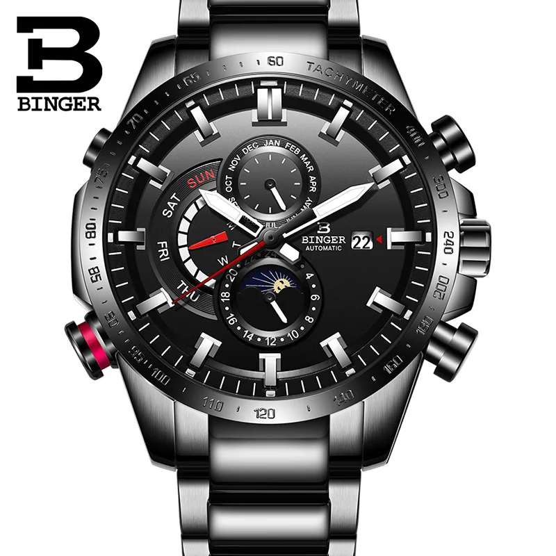 Швейцарские автоматические часы для мужчин Бингер Механические мужские s часы лучший бренд класса люкс военные часы Relogio Masculino montre homme - Цвет: Черный