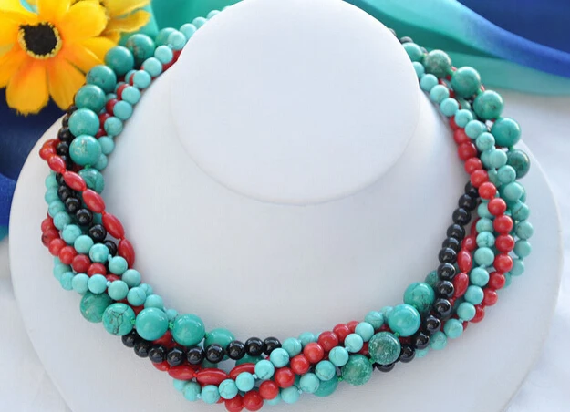 

huij 002465 6row red coral black agate blue turquoise bead NECKLACE