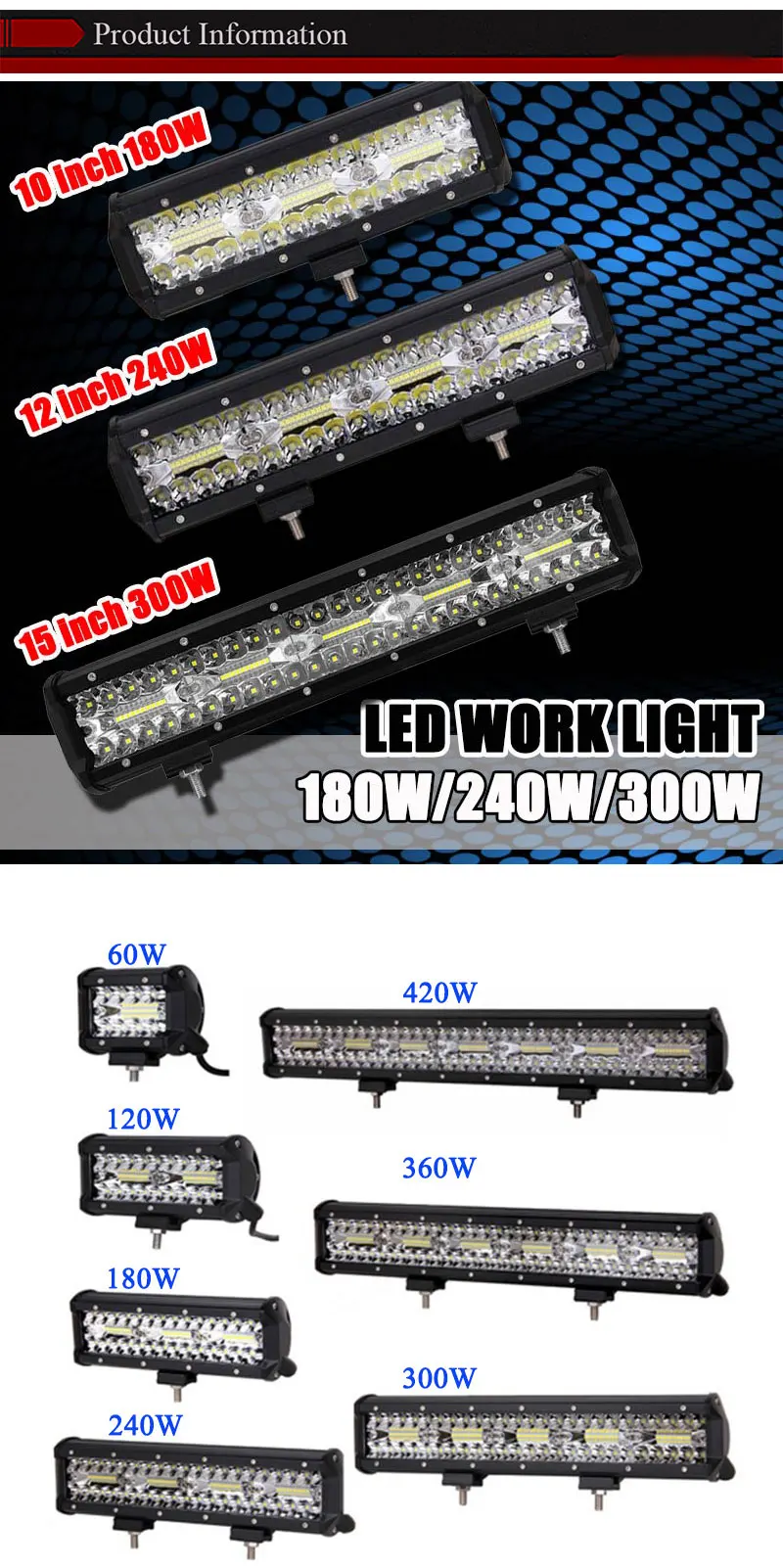 Светодиодный светильник бар 4, 7, 10, 12, 15, 18, 20 дюймов три ряда 4X4 внедорожный Автомобильный светодиодный рабочий светильник 60 Вт 120W 180W 240W 300W 360W 420W для внедорожник трактор