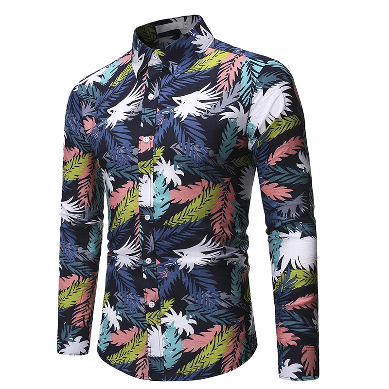Гавайские цветные листья шаблон печати рубашка с длинным рукавом мужская Новая мода Повседневная хлопковая Кнопка Slim Fit рубашка мужское платье