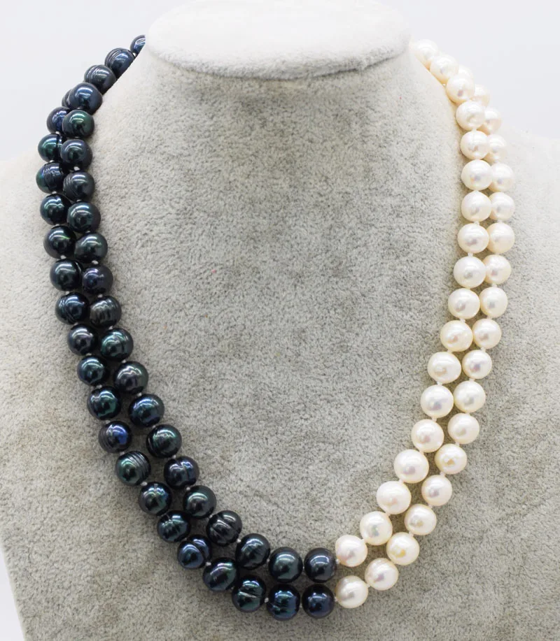 

2ROWS freshwater pearl WHITE and black NEAR ROUND 9-10MM necklace 17-18inch FPPJ wholesale beads nature