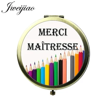 

JWEIJIAO Merci Maitresse ABC French Vintage Makeup Mirror Glass Cabochon Antique Bronze Round Pocket mirrors For Teachers Gifts