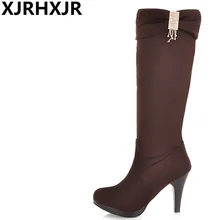 Женская обувь сапоги гладиаторы на высоком каблуке эластичные длинные зимние сапоги с ворсом модные ботфорты выше колен на тонком каблуке-шпильке большой размер 34–43