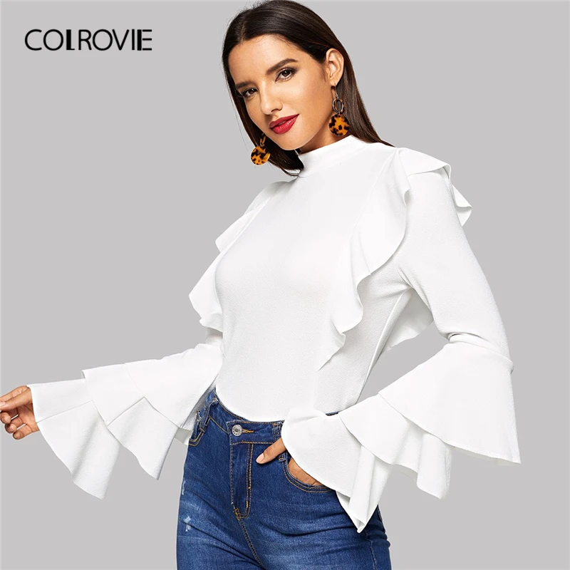 

COLROVIE White Solid Stand Collar Ruffle Trim Elegant Blouse Shirts Women 2019 Spring Layered Sleeve Fitted Party Ladies Tops