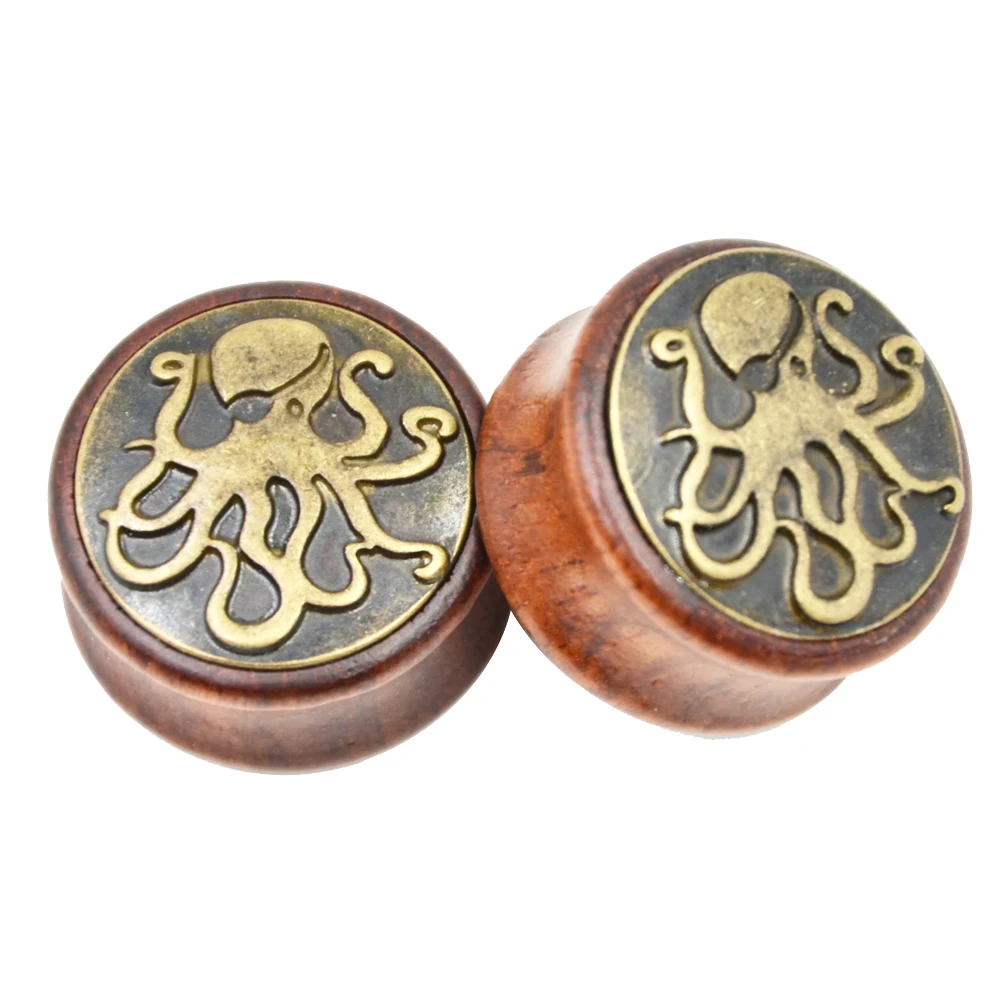 

PAIR Organic Wood Ear Gauge Piercing Flesh Tunnel Plug Earlets Engrave Octopus Logo Saddle Earring Plugs Stretcher Body Jewelry