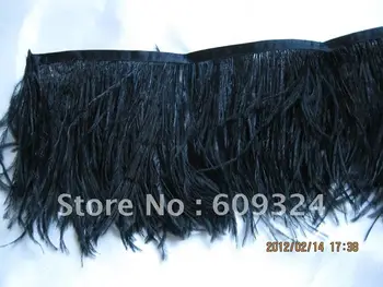 

2 ply BLACK ostrich feather trimming fringe on Satin Header 5- 6inch in width for dress decoration AA quality dense enough