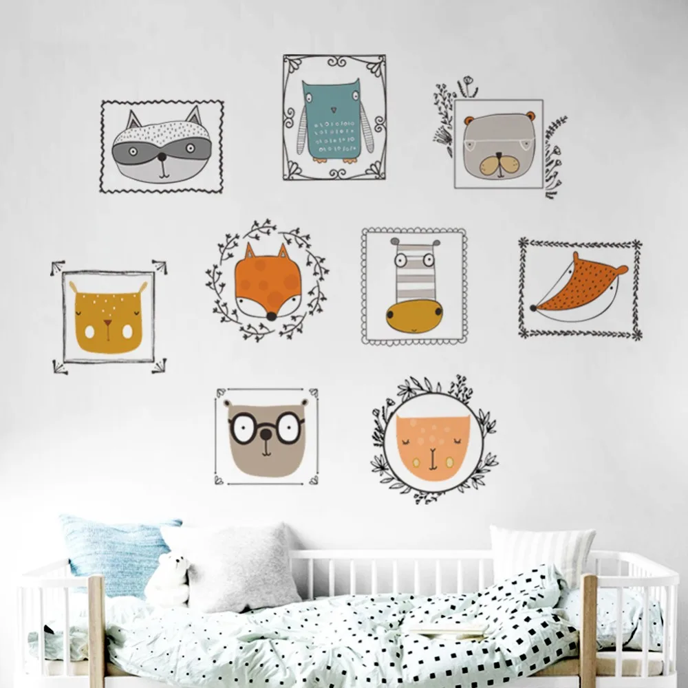 Cartoon Cute animals photo frame Wall decals stickers for kids rooms living Room kitchen Home Decor GIY mural