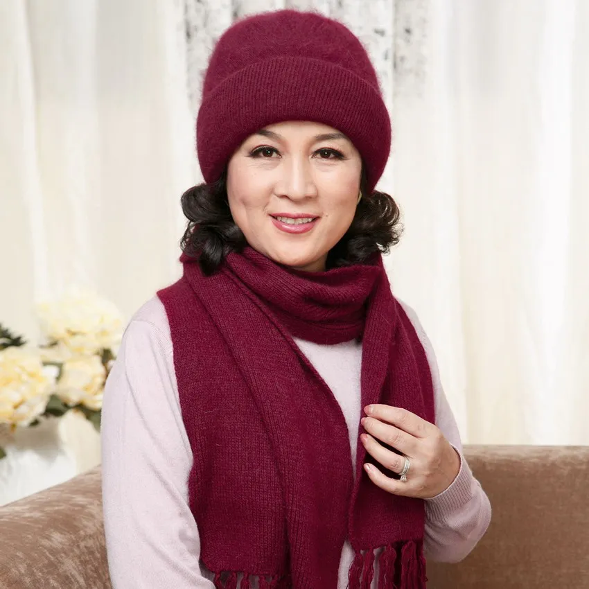 the-elderly-women's-autumn-and-winter-hat-scarf-twinset-thickening-thermal-rabbit-fur-yarn-new-year-gift-rabbit-fur-cap-scarf