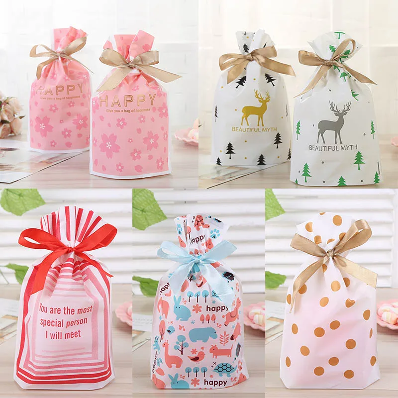 Wedding Decor Birthday Party Supplies Drawstring Bags Plastic Gift Package Cookie Snack Candy Bag Ribbons Food Biscuits Pouch