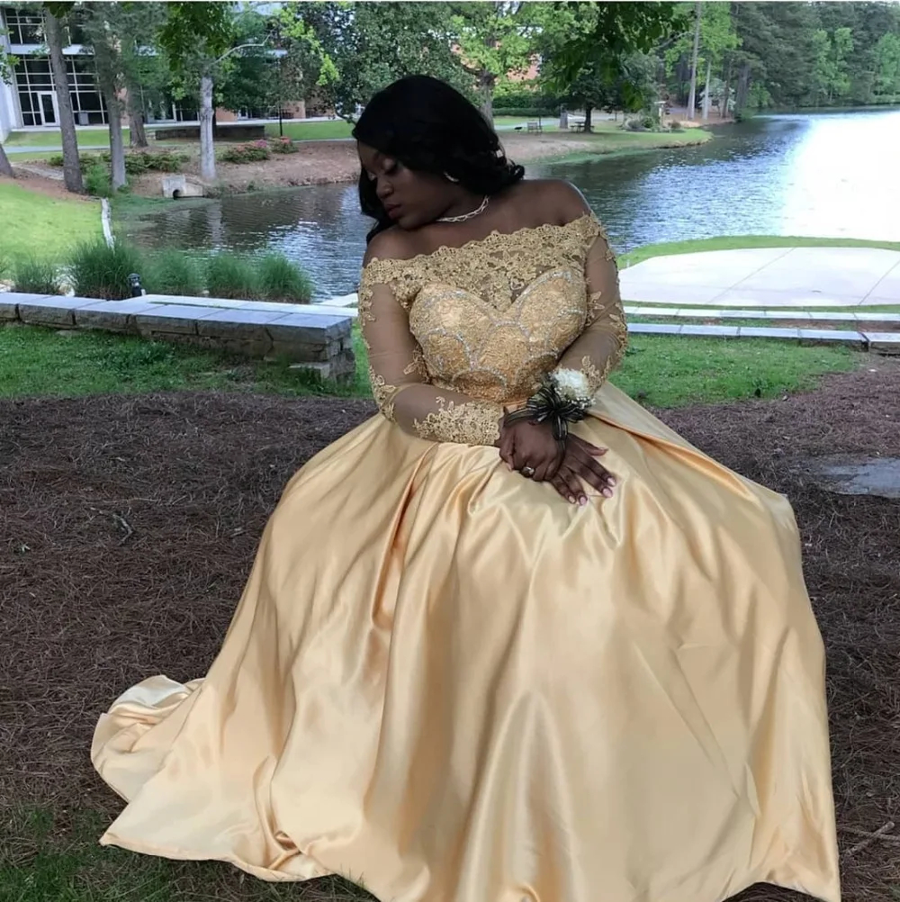 

Sexy Plus Size African Gold Long Sleeve Prom Evening Dresses Gown 2019 Long Party Gala Dress