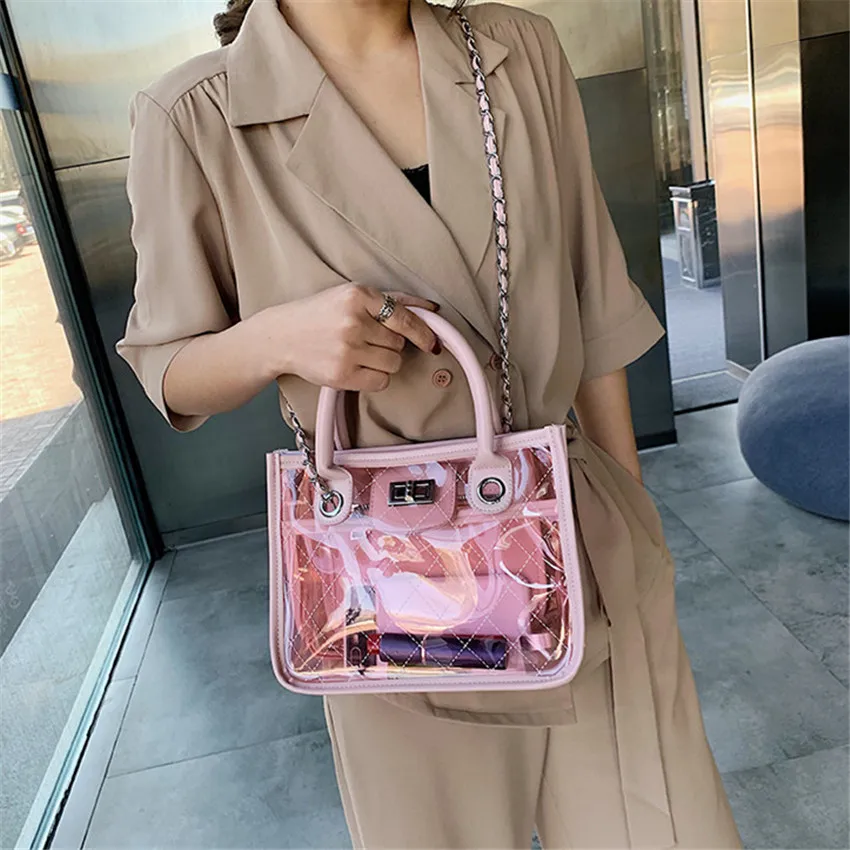 

TOYOOSKY Summer Beach Handbags Women Hologram PVC Clear Transparent Tote Bag Famous Brand Quilted Ladies Crossbody Shoulder Bags