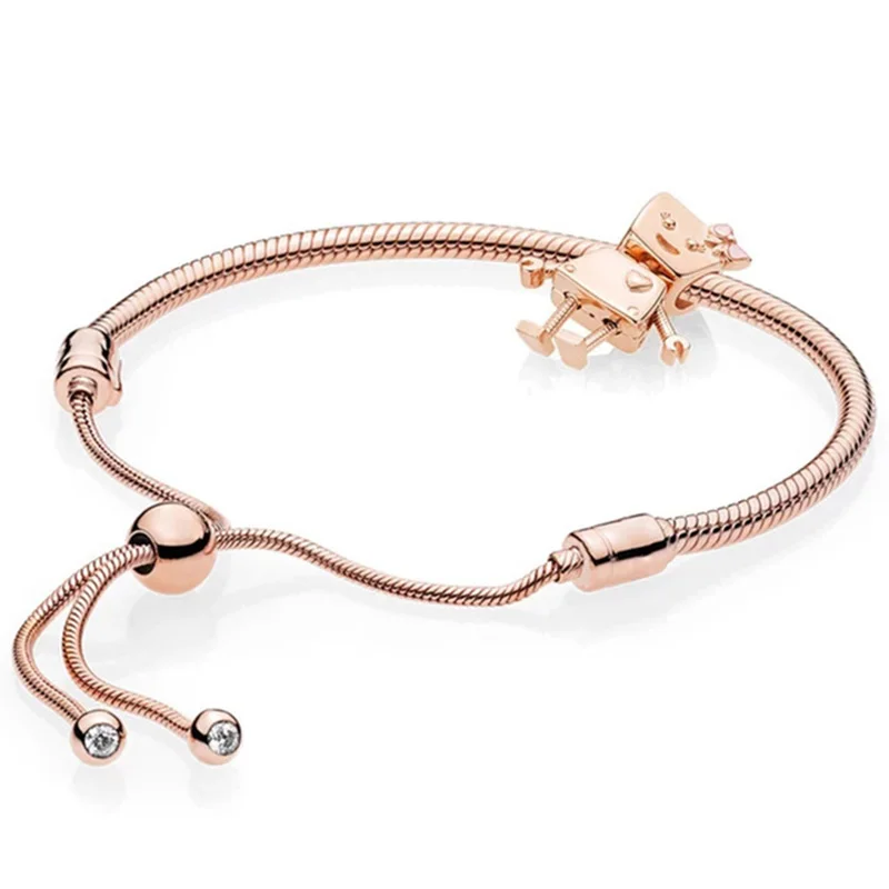 

100% 925 Sterling Silver 1:1 Original Charm Rose Gold Robot Sliding Bracelet Elegant Simple Women's Gift Jewelry