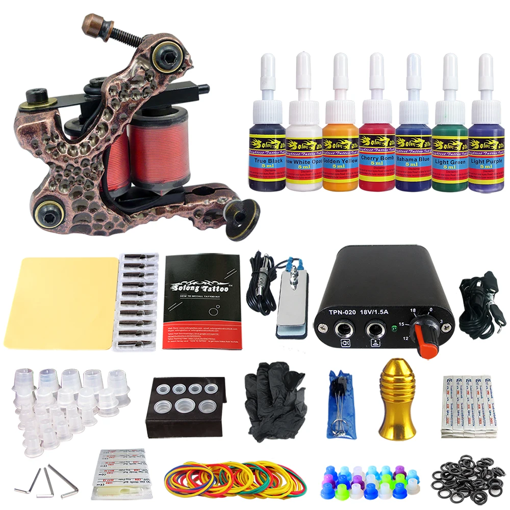 

Hybrid Complete Tattoo Coil Machine Kit For Liner Shader Power Supply Foot Pedal Needles Grip Tips Tattoo Body&Art TK105-9