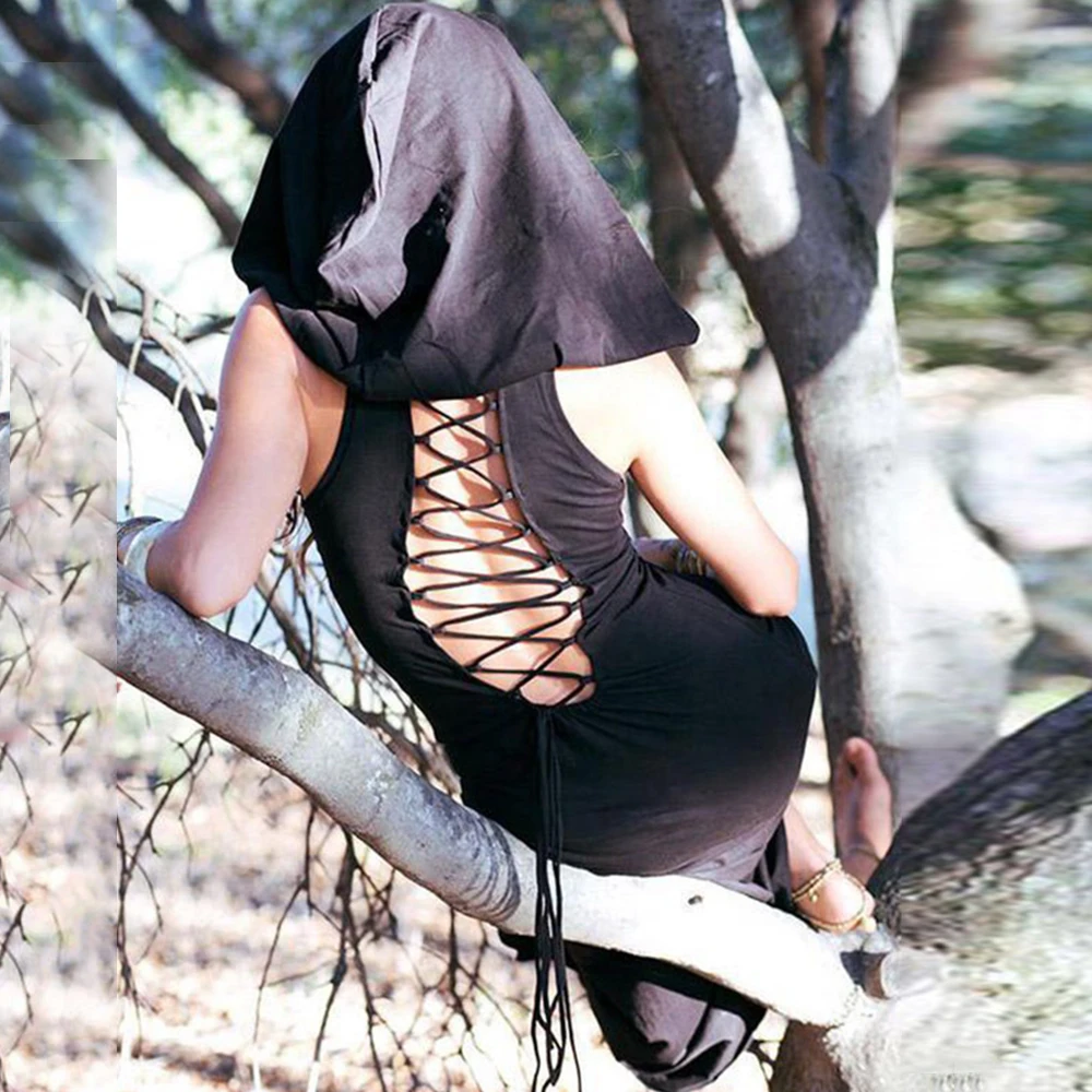 Summer Gothic Maxi Dress Women 2020 Vintage Long Sleeve Dresses Party lace up black  Elegant Dress Female Goth Autumn Long Dress