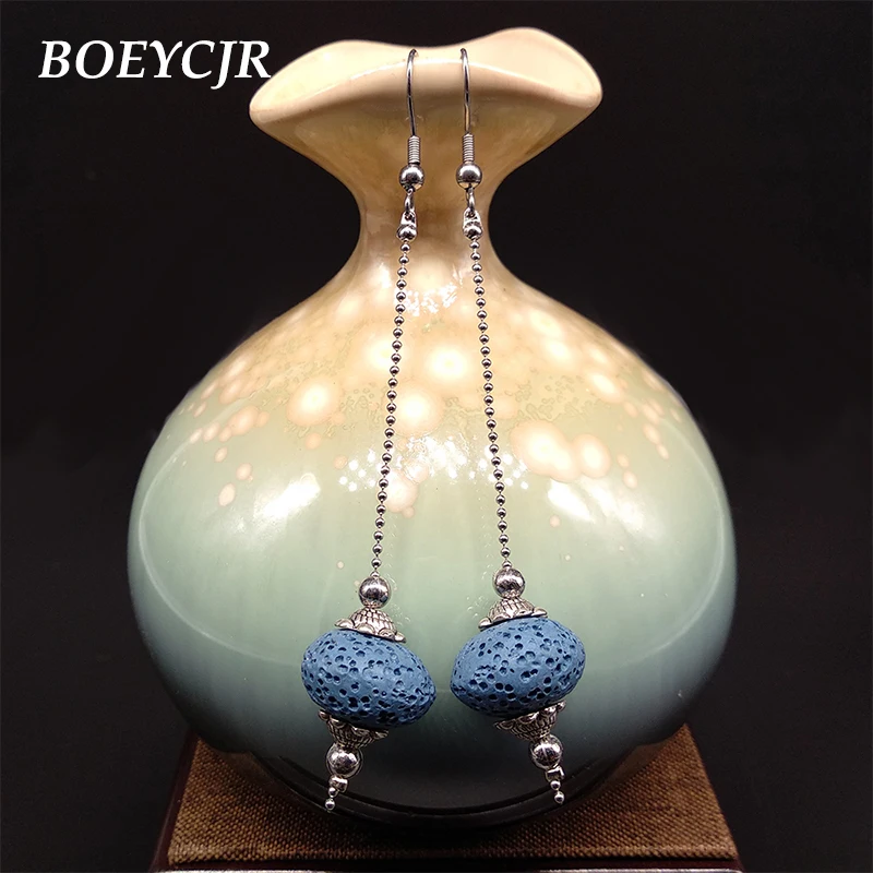 BOEYCJR Trendy Lava Stone Drop Earrings Handmade Fashion Jewelry Hook Earrings Natural Stone Dangle Earrings for Women 2019