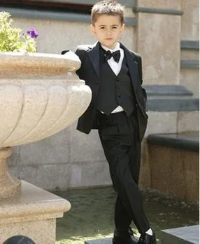 Новейший детский черный костюм праздничная одежда для мальчиков смокинги с отворотом, детский фрак, детские костюмы для свадебного торжества, Длинные смокинги по индивидуальному заказу