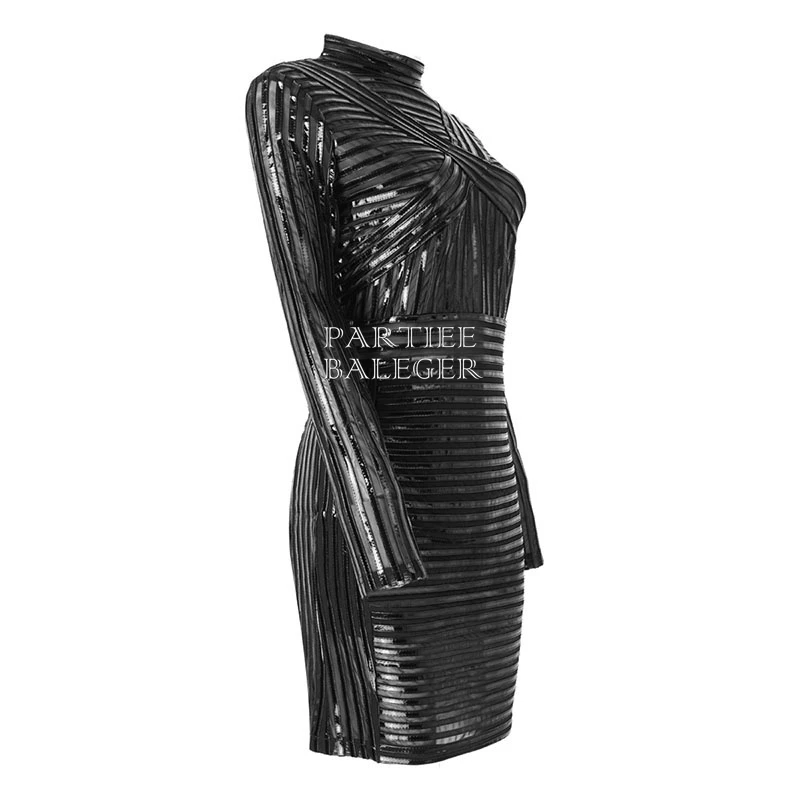 Новое поступление года, сексуальное элегантное модное платье в полоску из ПУ-сетки в стиле пэчворк с длинными рукавами и высоким воротом, вечерние платья выше колена из искусственной кожи