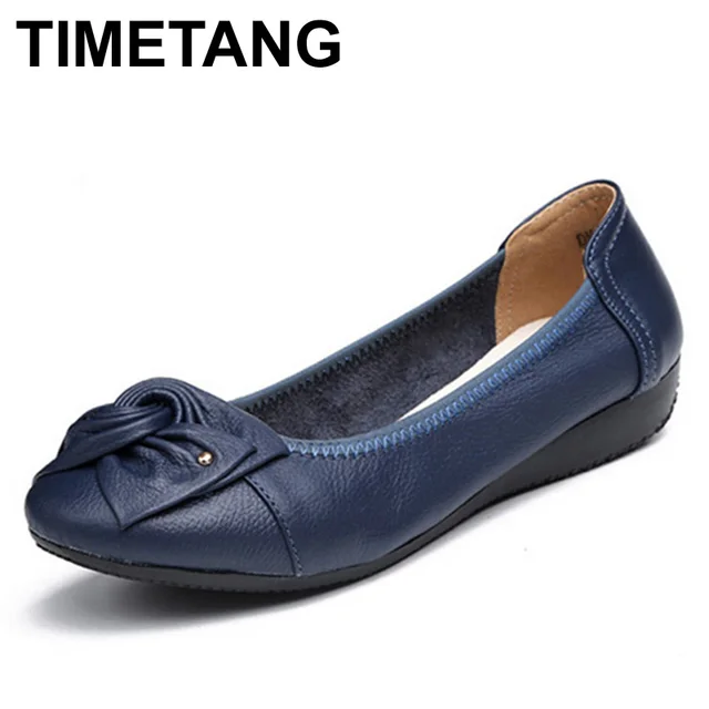 TIMETANG Plus Size Spring\Autumn Genuine Leather Shoes Woman Flats Work Classi Fashion Bowknot Female Casual Ballet Ladies Shoes