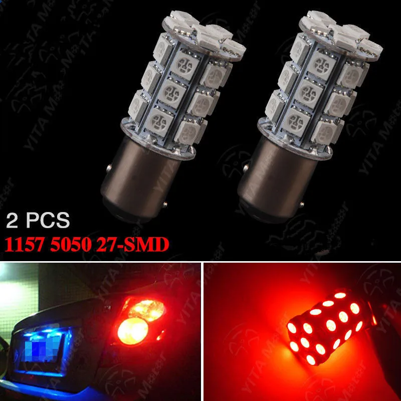 

2X Pure Red 1157 BAY15D P21/5W 5050 27-SMD Tail Brake Stop LED Light Bulbs 7528 2057 12V 24V