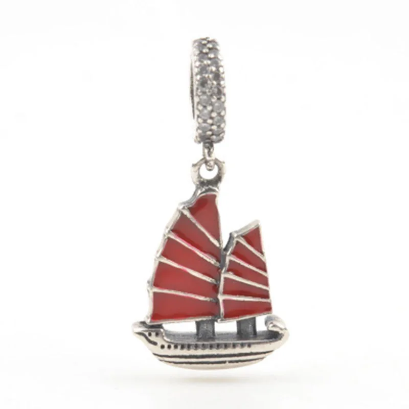 Real 925 Sterling Silver Dripping Red Sailing Boat Pendant DIY Jewelry Charms Beads Fit Original