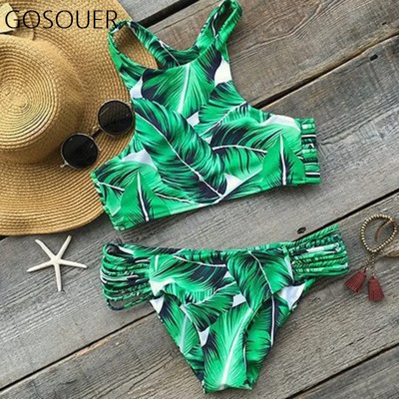 

GOSOUER 2018 Sexy Bikini Swimwear Fashion Women's Tropical Leaves Printing Tank Padding Bikini Set Bathing Suit Floral Biquini